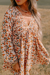 Smocked Printed V-Neck Long Sleeve Dress OutfitFlow